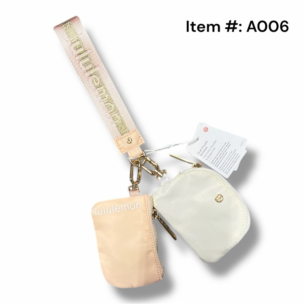 Lululemon Wordmark Peach & White Opal Dual Pouch Wristlet Keychain Wallet (A006)